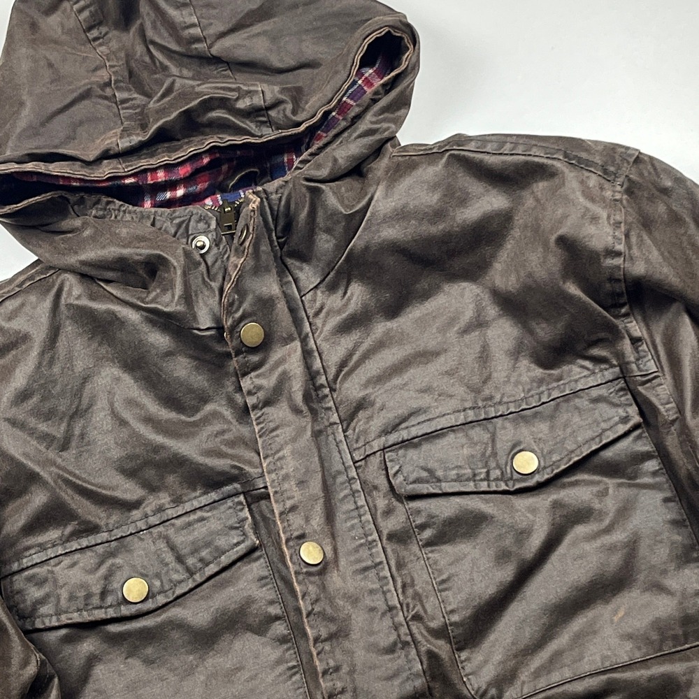 Mountain and Isles Mens Brown Hooded Field Jacket Plaid Lined XL Waxed Look Coat